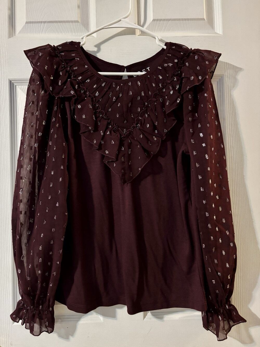Ann Taylor LOFT M Medium Eggplant Blouse Silver Thread Accents NWT Yoke Ruffle